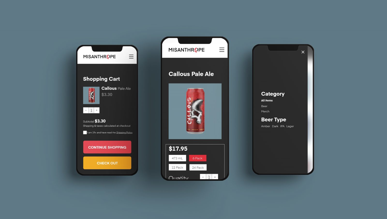 UX/UI, the layout of Misanthrope beer mobile app, add to cart, item shop, and category.