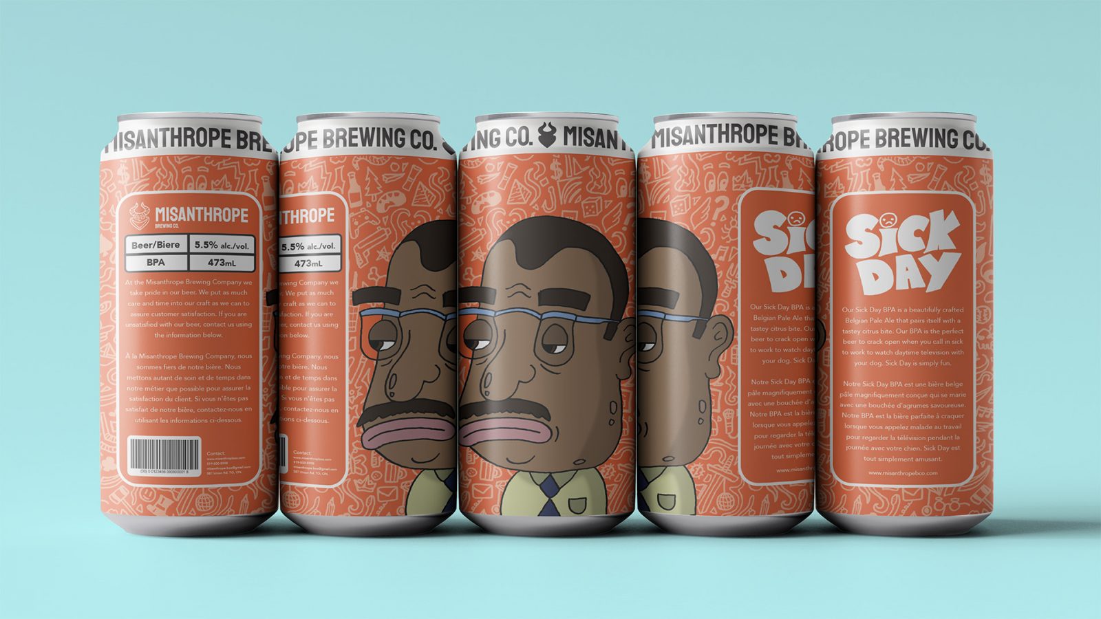 Label design for Misanthrope Brewing Co. Can features a bright orange base layer textured with an array of small detailed illustrations representing misanthrope items and products. Main character featured on front of can is misanthropist. A character design of an older gentleman titled “Sick Day.” The character featured on the can, can be seen as uninterested or bored, frustrated or even impatient. The character design is to humor the consumer and to relate to them on a more personal level rather than a corporate level.