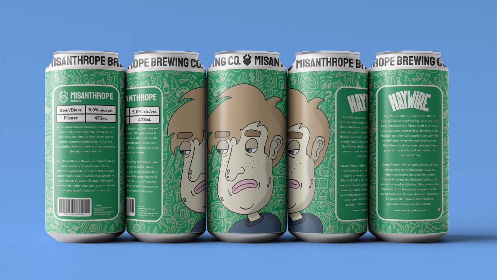 Second label design for Misanthrope Brewing Co. Second can features a green base layer decorated with the same illustrative texture as the previous can. However the green can character is titled “Haywire”. This character represents those fed up with society and or their community. The character prefers to stay up alone all night to get some peace and quiet. His face features ressemble somehow who lacks a proper sleep schedule, once again relating to those consumers who may be feeling the same