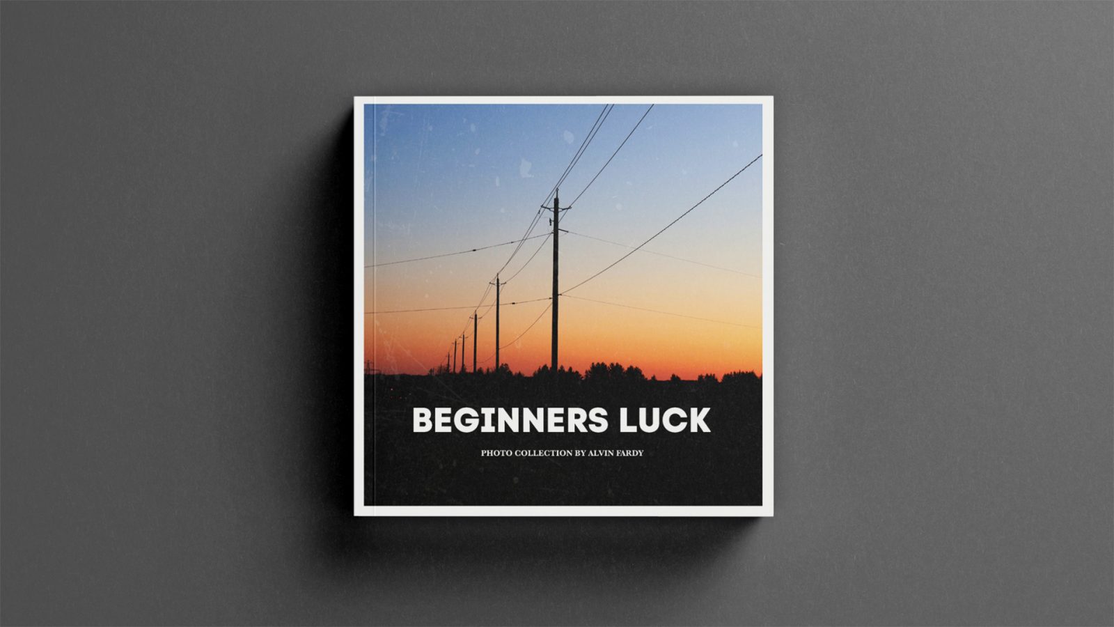 Cover of personal photo book. The cover image is that of a setting sunset behind a long line of telephone pole silhouettes. The image is layered behind a gritty, old texture. Within the bottom ¼ of the cover reads the title of the book, “Beginners Luck”. Below that reads “photo collection by Alvin Fardy.” Image is bordered by a thick white stroke.