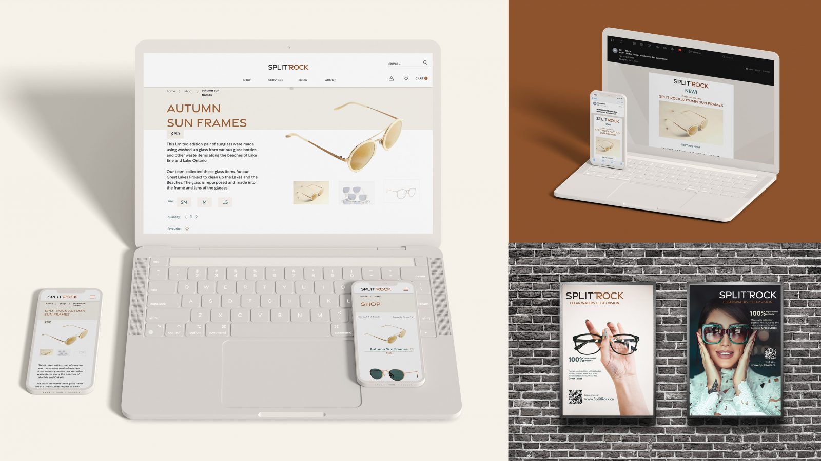 A second Split Rock website mockup is displayed to the left, showing the shop page, and information on purchasing the Autumn Sun Frames. To the right is a laptop and mobile mockup of a promotional email advertising the new Autumn Sun Frames. To the bottom right are two posters, one of a hand holding up a pair of glasses, and the other of a woman wearing blue sunglasses.]