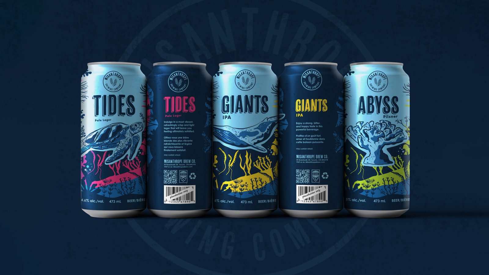 Misanthrope Brewing Company, line up of 5 blue beer cans. Of the 5 cans, 3 are showing the front panel that includes the Misanthrope Logo(a circular shape, with two wheat branches in the center, with “Misanthrope Brewing Company” wrapped around the circle), the can name, an illustrated sea creature, and accenting colour. From left to right of this lineup, the can names, creatures and colours are: “Tides” and a sea turtle featuring pink, “Giants” with a whale featuring yellow, and “Abyss” with coral featuring green. The other two cans show the back panels which include the Misanthrope logo, can name, and description of the flavour in French and English.