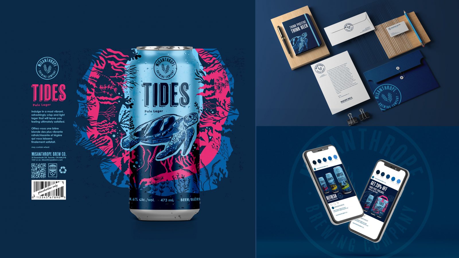 There are 3 mockups within this image. The first on the left side is of Misanthropes Pink Sea Turtle “Tides” can, with the package extending behind the can to reveal the entire design. On the upper right are various stationery mockups including a letterhead, envelope, journal, business card and other. The bottom right shows two mobile iphones displaying two social media posts featuring images of the beer cans.