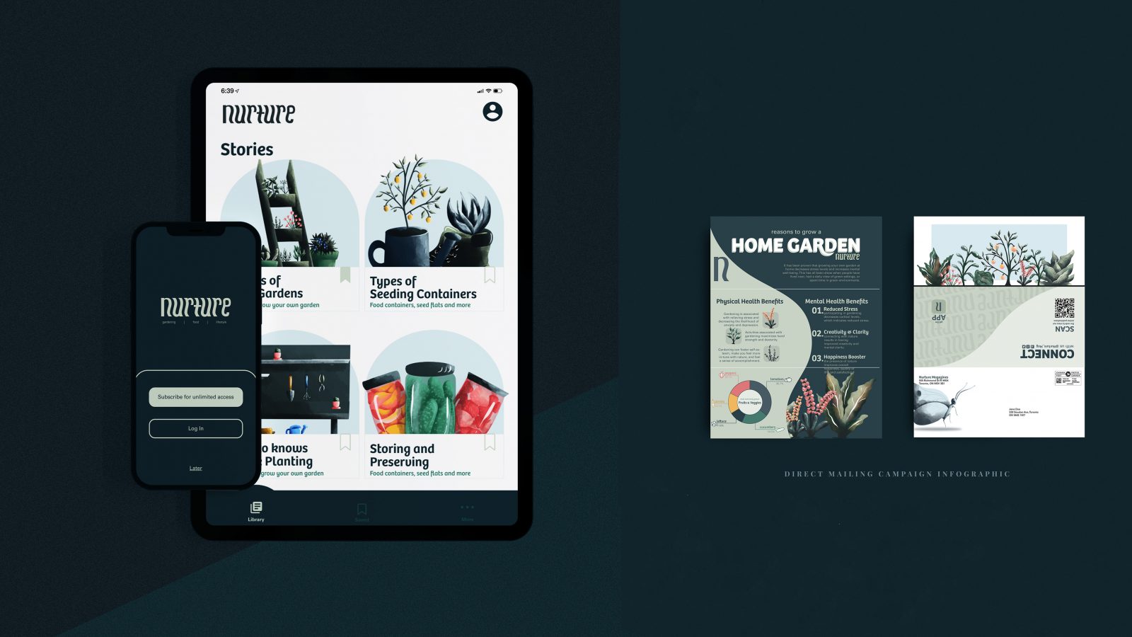 This image is featuring the mobile and ipad app, and a mailed infographic. To the left, is the mobile app showing the log in/subscribe splash page. Beside the mobile is an ipad showing the home/library page. To the right is the mailer infographic which displays illustrations and information on why you should grow your own garden at home.