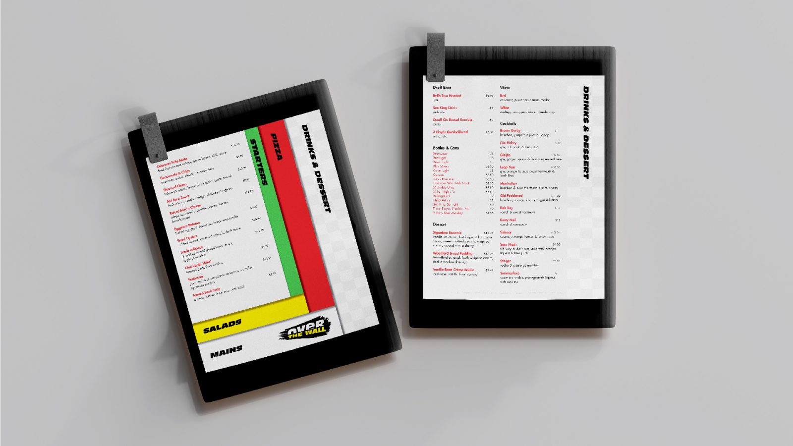 Corner clipboard menu for Over The Wall Restaurant featuring coloured bands of the most prominent racing flags on each page.