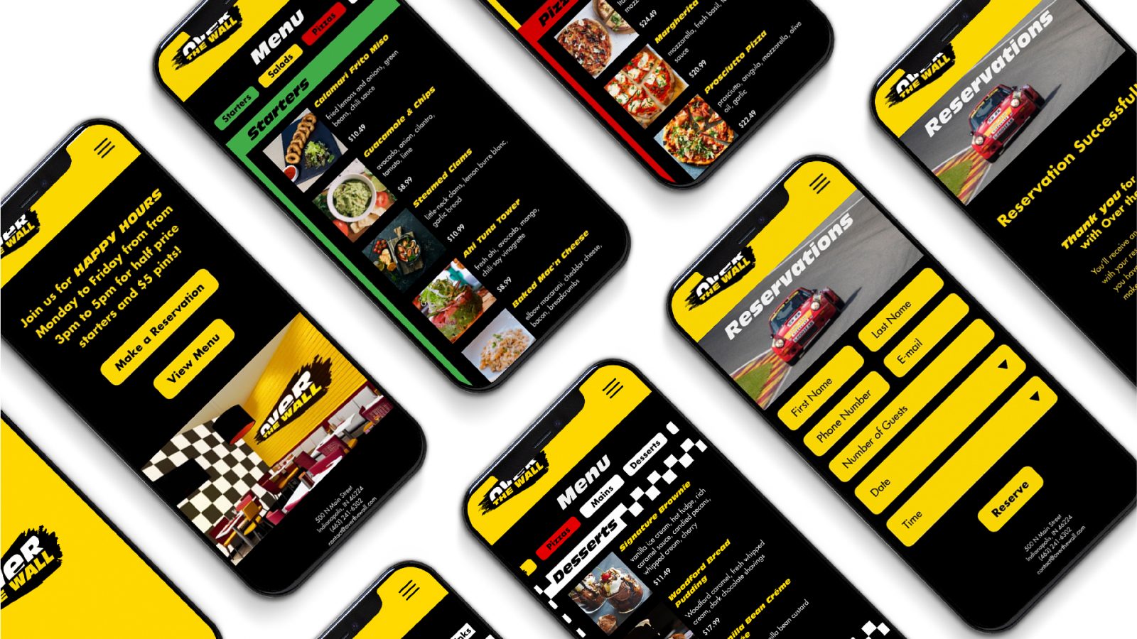 Multiple iPhone showing each page of a website for Over the Wall Restaurant.