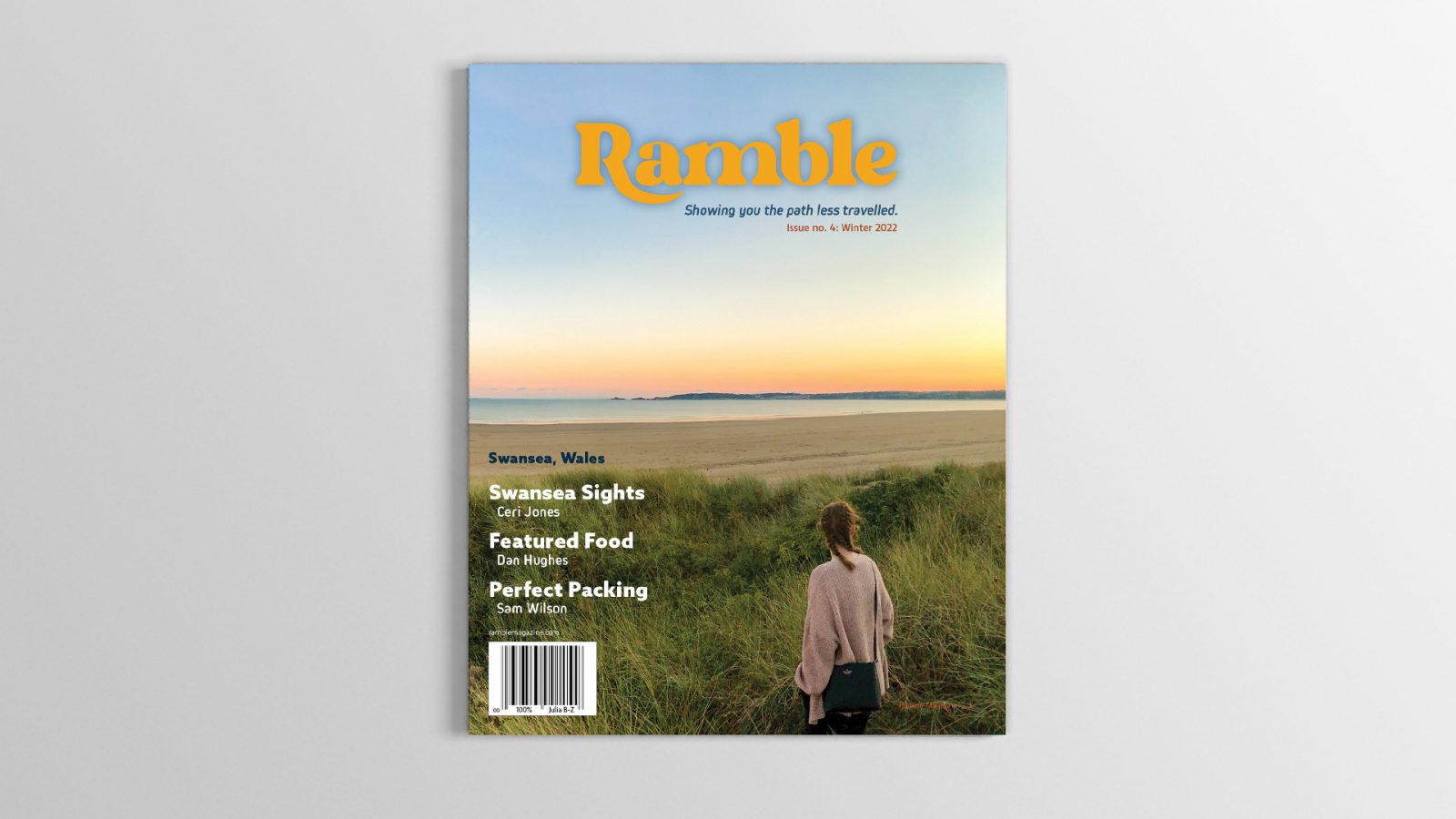 Ramble Magazine Cover for Swansea, Wales featuring an Ocean shore landscape with female silhouette.