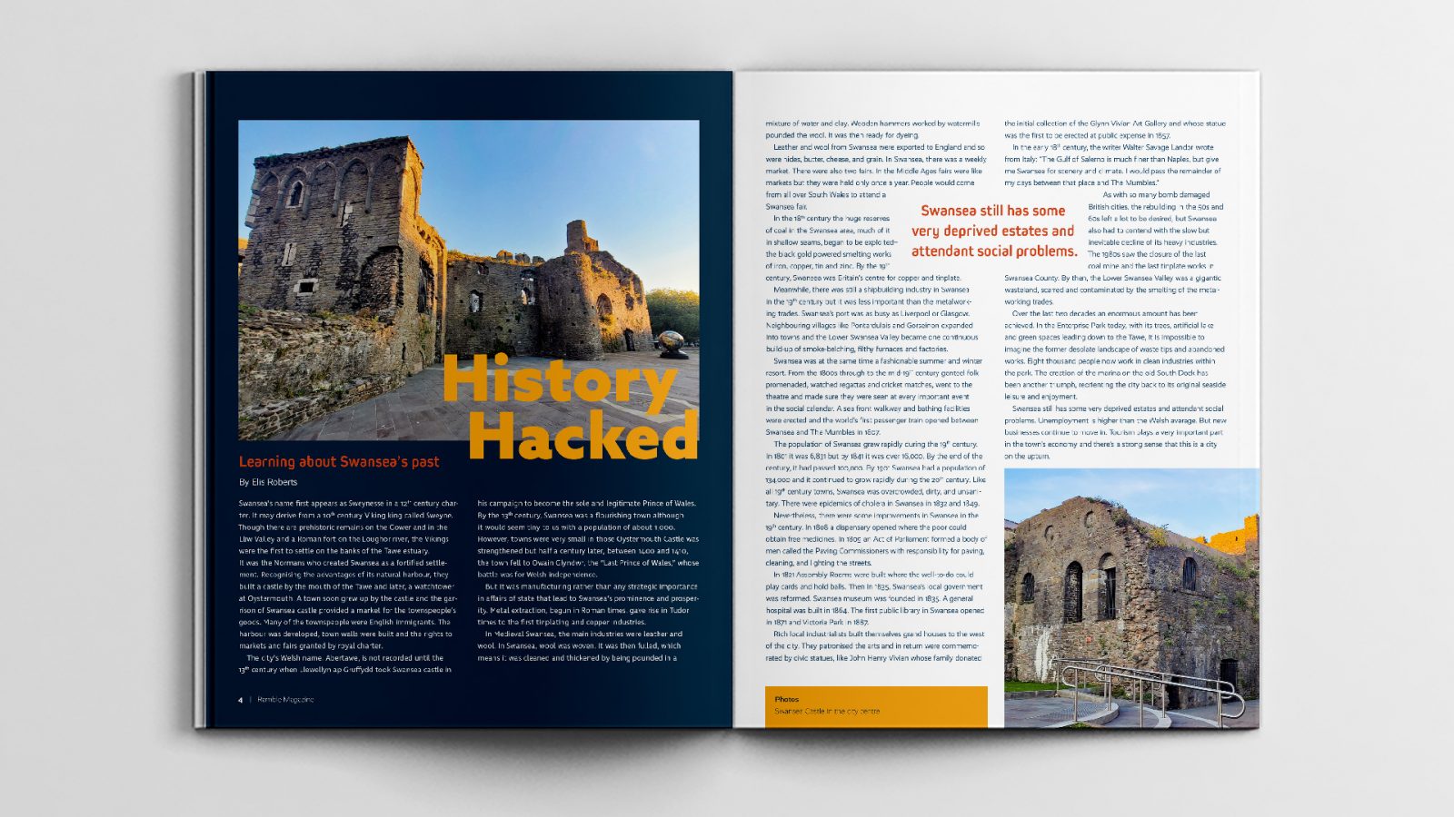 Ramble magazine full spread–History Hacked featuring Swansea Castle.