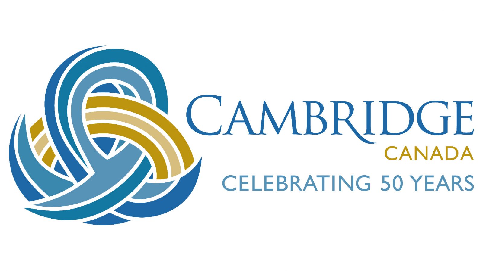 City of Cambridge 50th anniversary logo in horizontal format features a blue intertwining loop with a yellow rainbow shape through the loop.