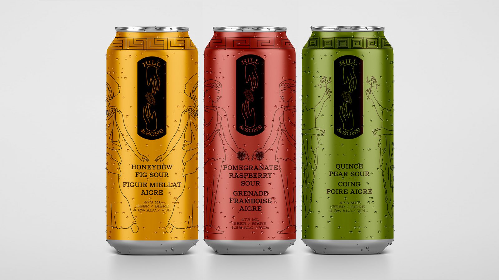 Three beer cans lined up in a row against a white background for Hill & Sons.