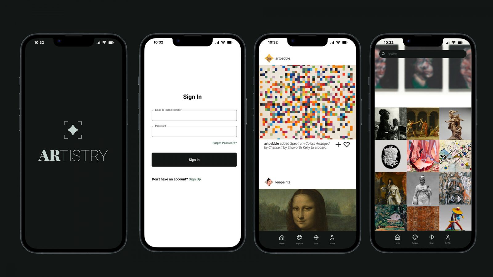 Artistry app loading page, sign in page, home page, and explore page on individual phone mock-ups against a dark background.