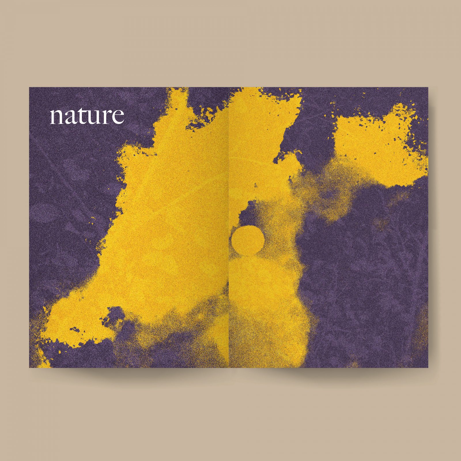 Magazine spread of an illustration of an abstract yellow bunny on a purple background.