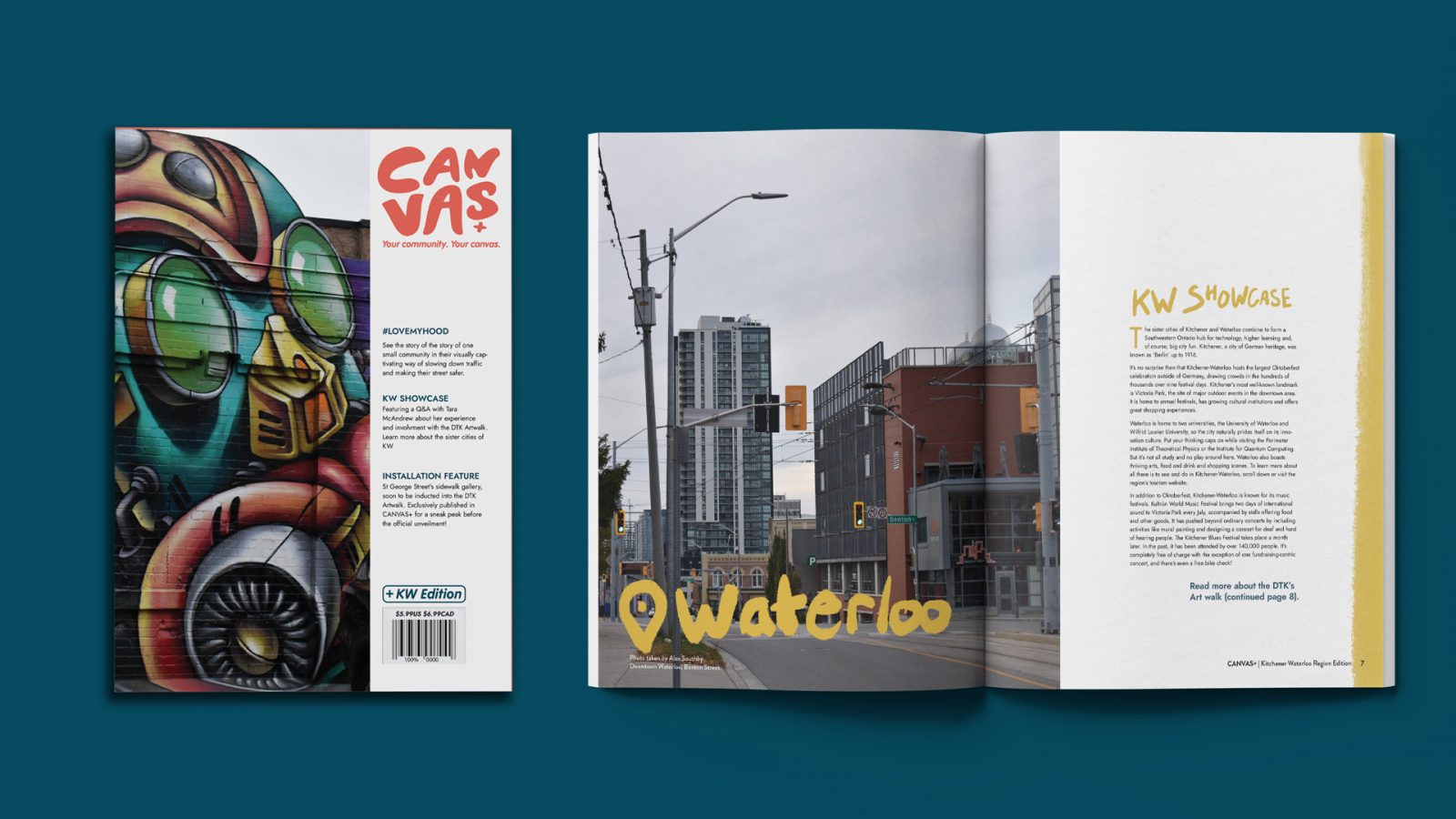 Canvas magazine closed cover sits beside an open spread. Open spread contains photography of downtown waterloo on the left page. Header KW showcase in hand rendered font influenced by street art illustrations.