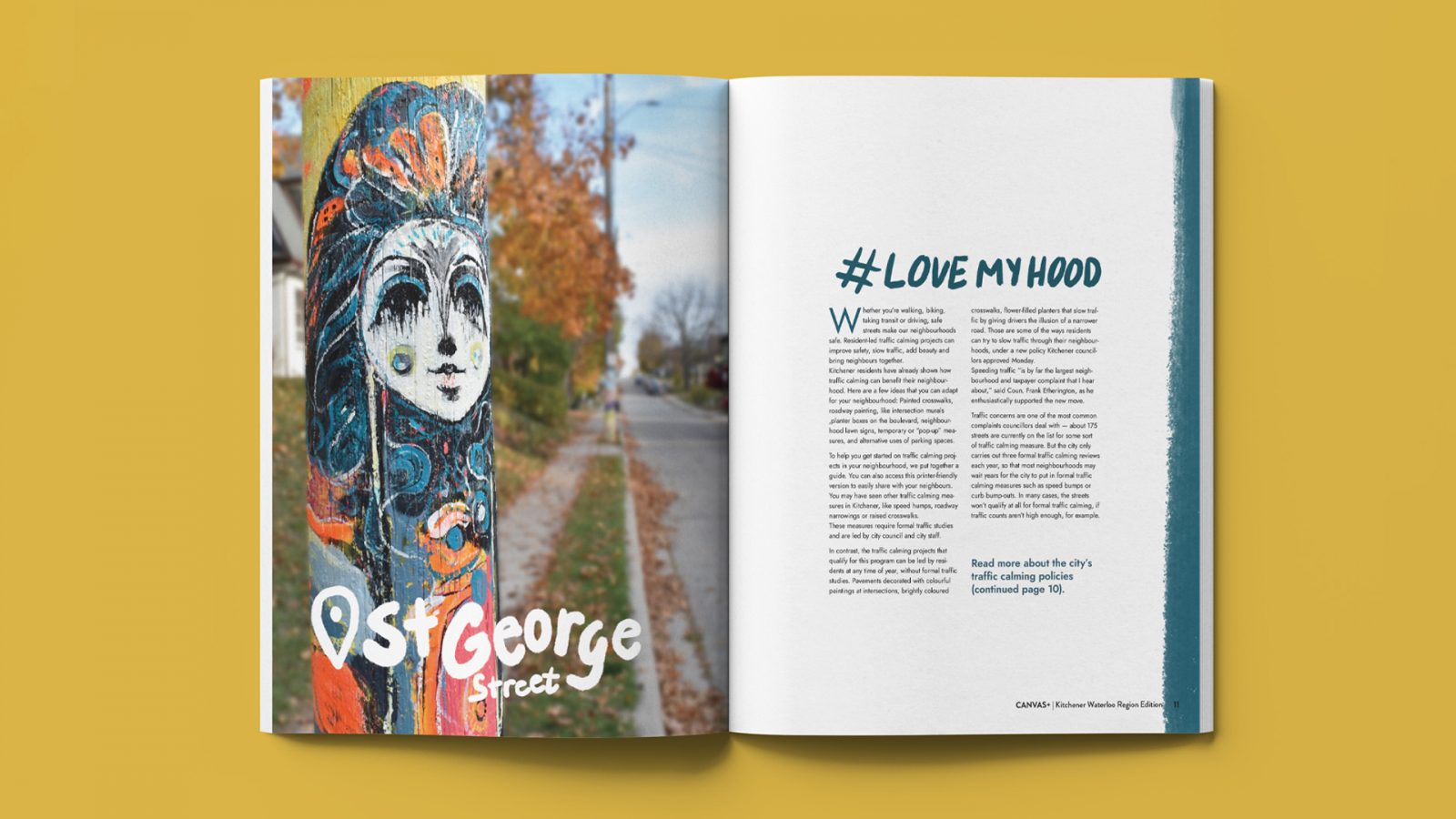 An open magazine spread of Canvas magazine. Left page features photography of a hydro-pole with a mural painted on it with hand rendered type underneath St George Street. Right page contains text and hand rendered type.