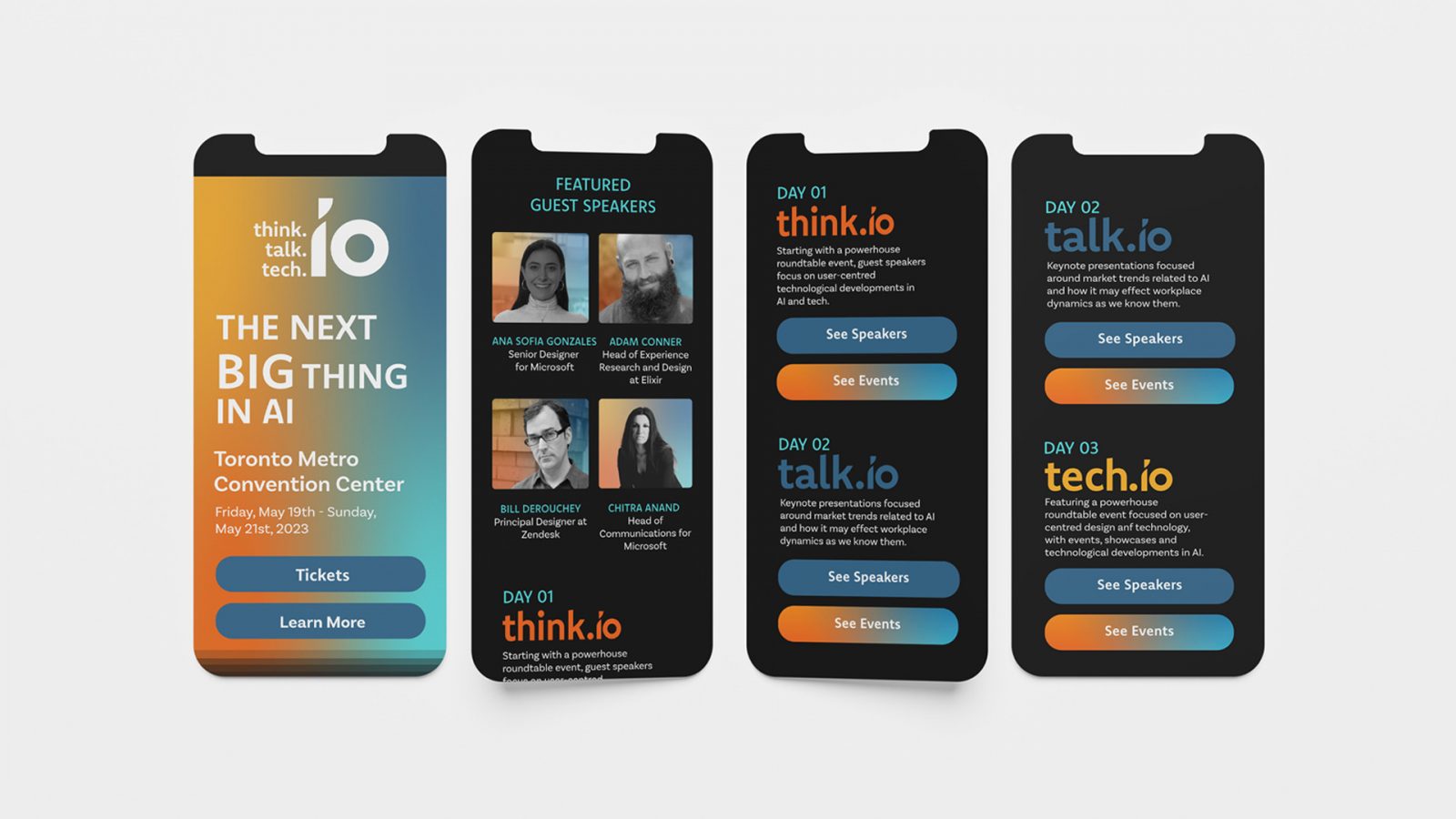 Mobile layouts of IO Think Talk Tech Conference website.