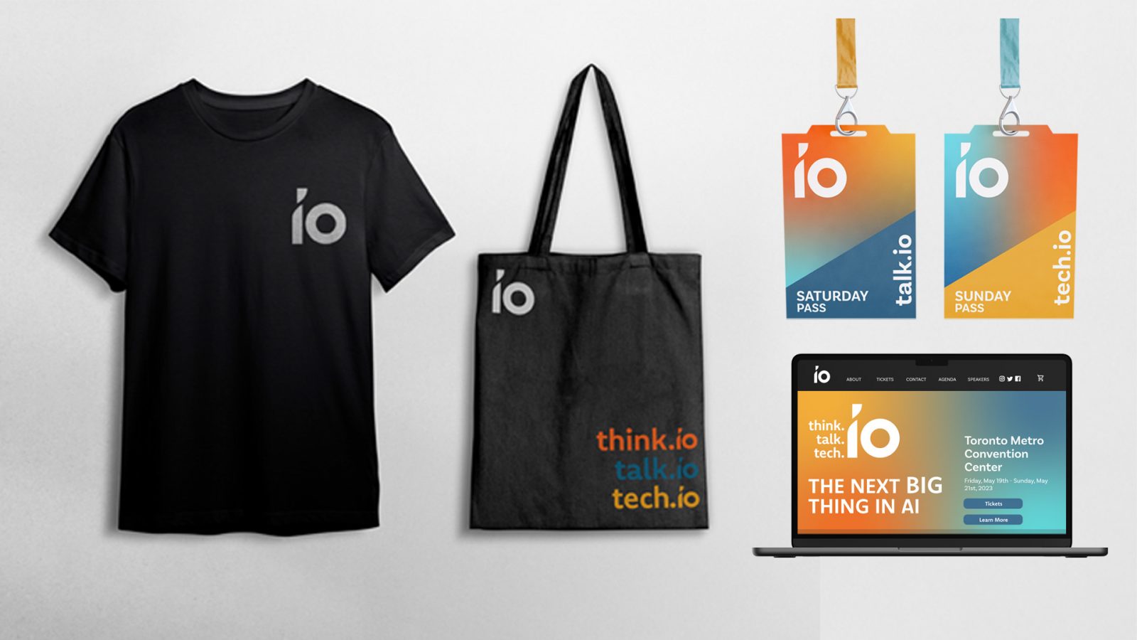 Merchandise for IO Think Talk Tech Conference. Branded IO T shirt Branded IO tote bag with event branding. Branded IO badges for different days of conference. Desktop website homepage on laptop mockup.