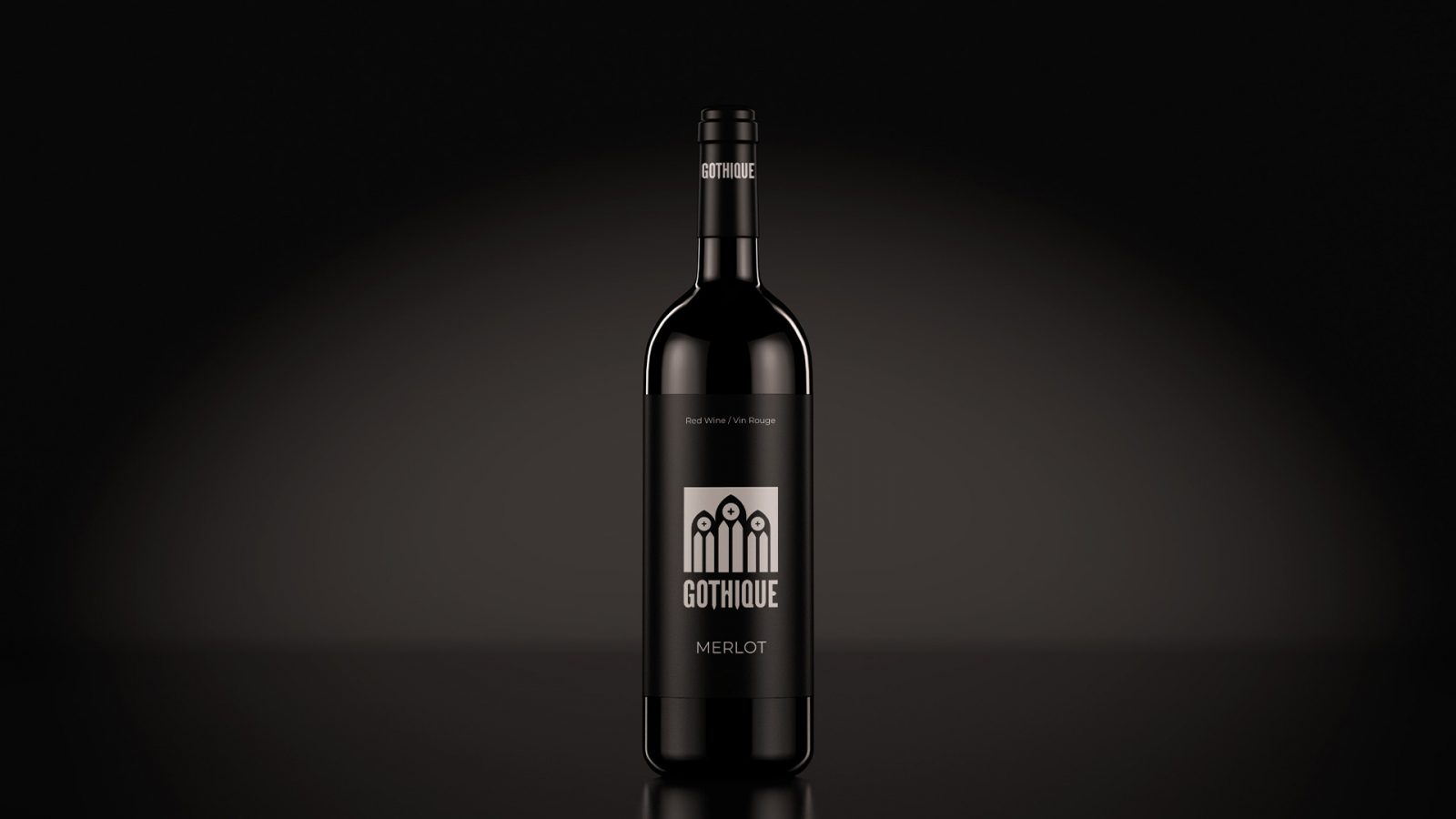 Gothique brand application on a wine bottle.