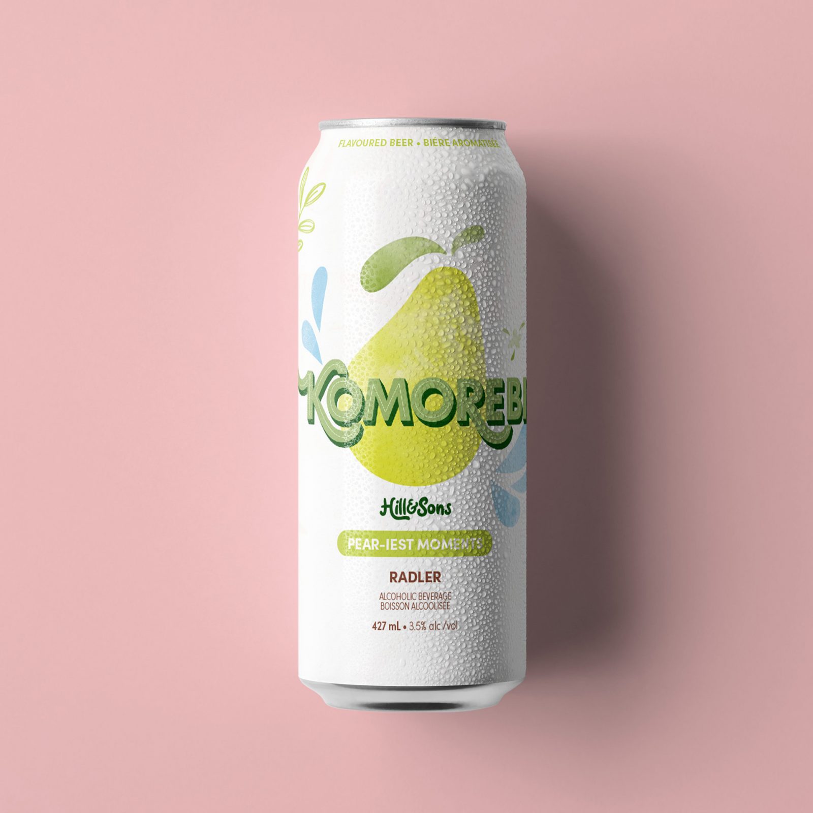 A white beer cans with watercolour-inspired illustrations on a pink background from the brand, Komorebi, by Hill & Sons Brew Co.