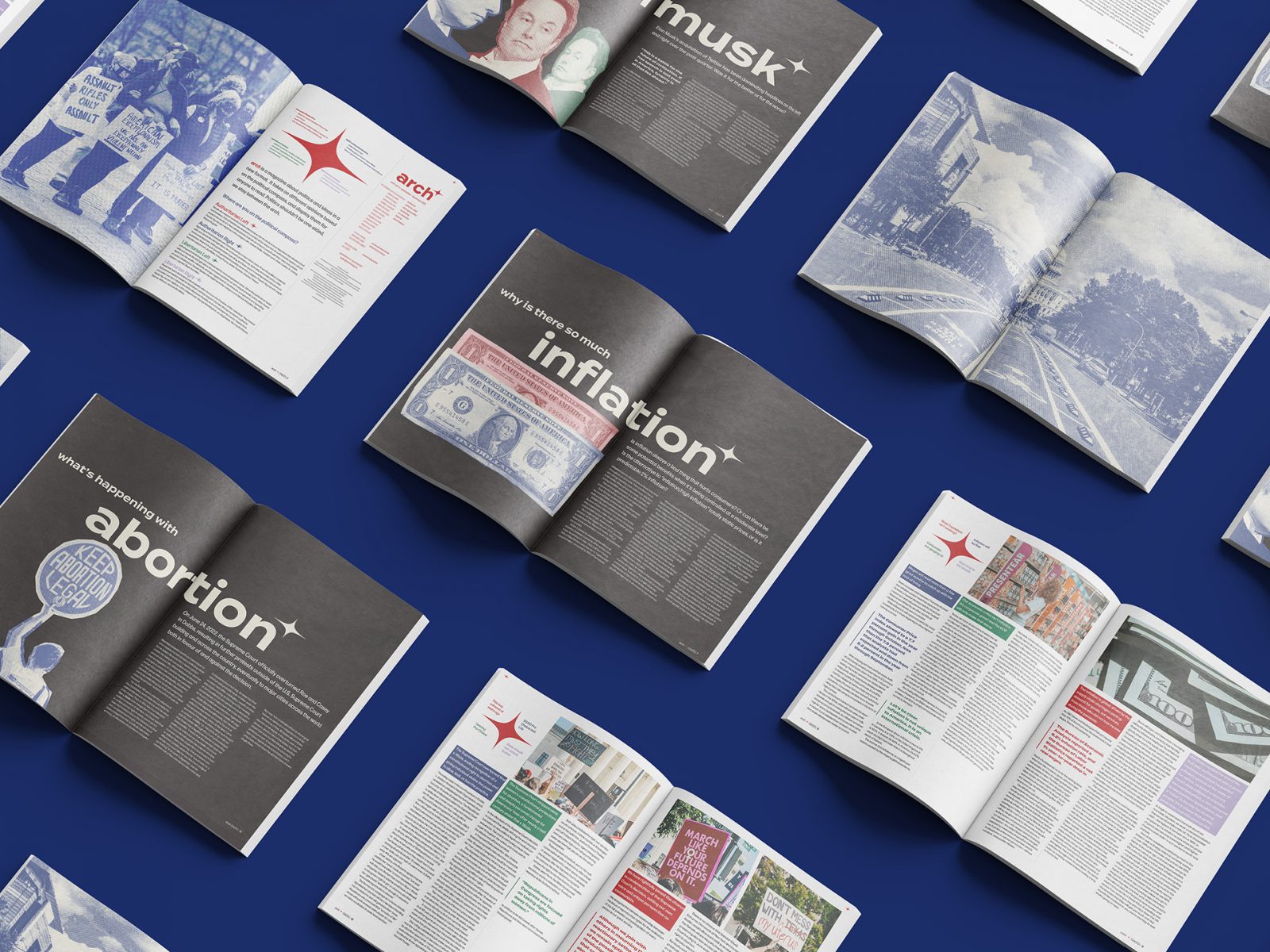 Multiple spreads on a royal blue background of the magazine, Arch, a political magazine that believes in the open-minded.