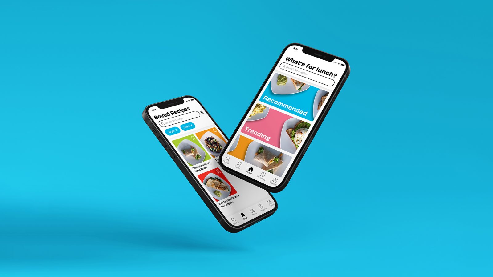 Two phones displaying the Ubite app's home page and saved recipes page on a bright blue background.