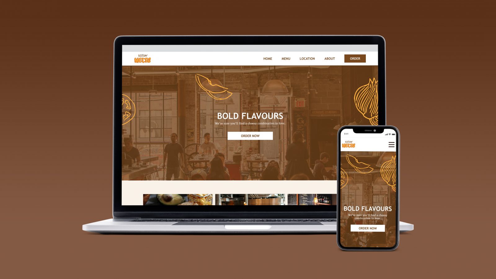 A laptop and phone on a brown background displaying Sizzlin’ Melts’ website home page.