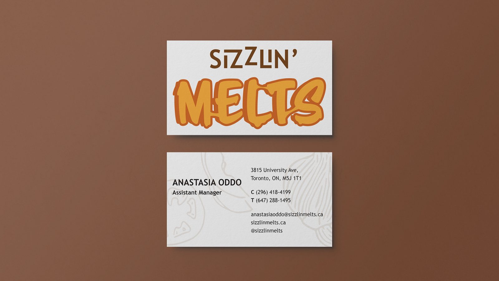 Front and back of a Sizzlin’ Melts business card on a brown background. The front has the logo, and the back has contact information.