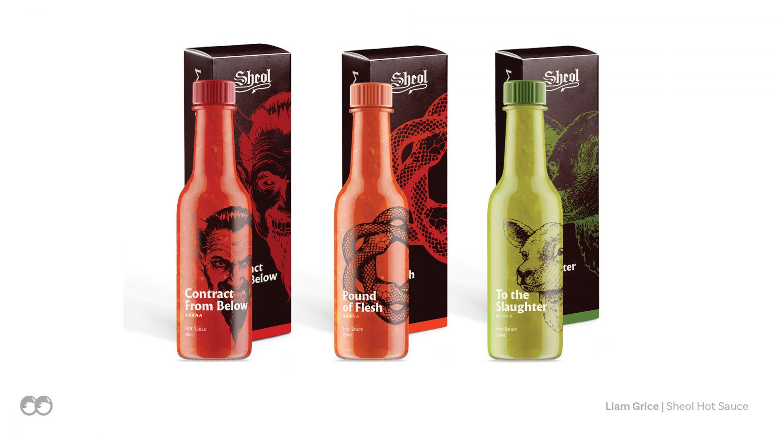 Sheol hot sauce bottle designs displayed with corresponding boxes.