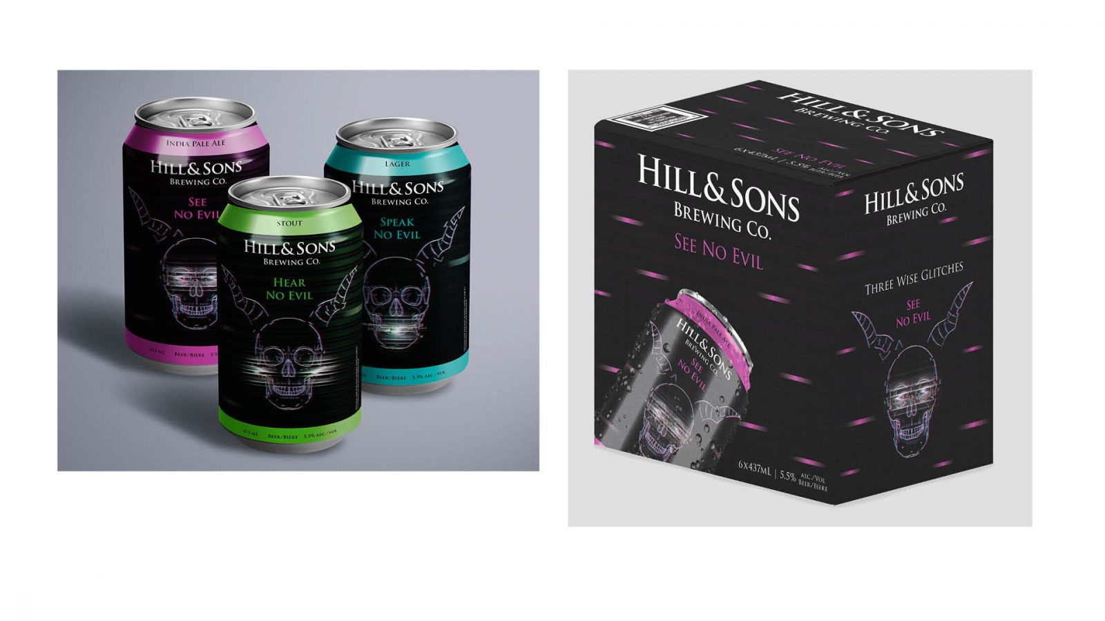 A packaging illustration for a beer product based on the three wise monkeys, but in a skeletal devil glitch. Hill & Sons Brewing Co. was created as a beer brand with See No Evil, Hear No Evil, and Speak No Evil. All are realistically outlined skulls with devil horns to convey the evil aspect, with glitches to distort the area that should not express evil