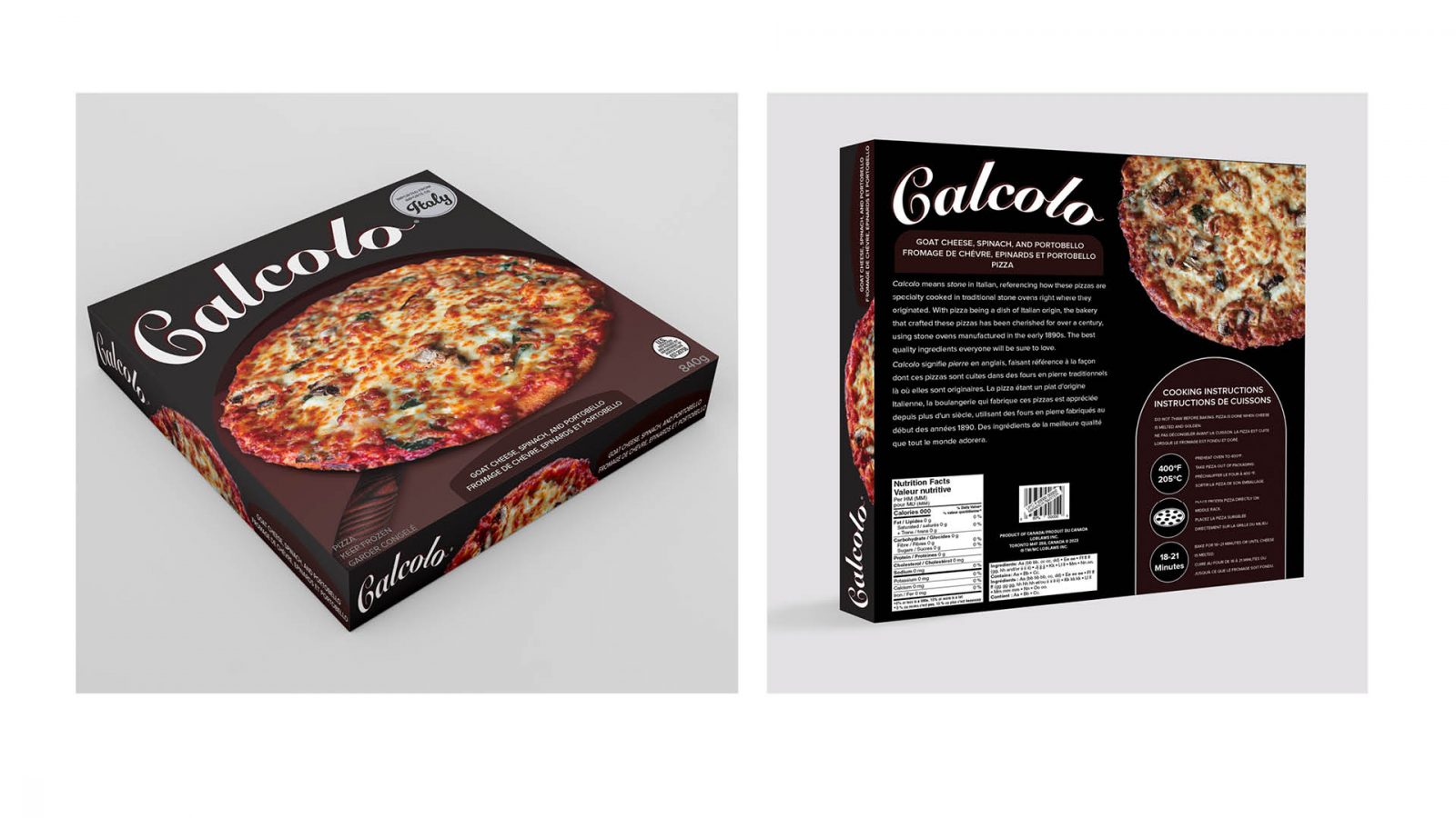 A high-class frozen pizza imported from Italy has a sophisticated dark look. The design on the front has photography of the pizza and illustrates that it was made in a stone oven.