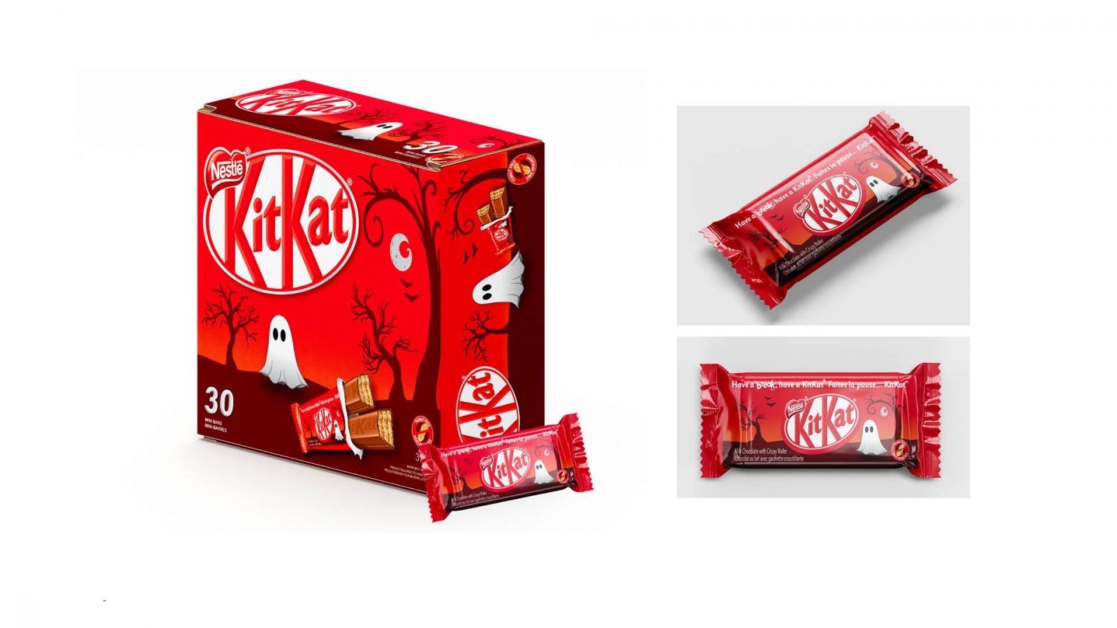 KitKat made spooky meshed with Halloween while ensuring it is fun enough for children. The box and wrapper design includes a ghostly figure floating through a forestry scene with a whimsical moon, trees, and bats.