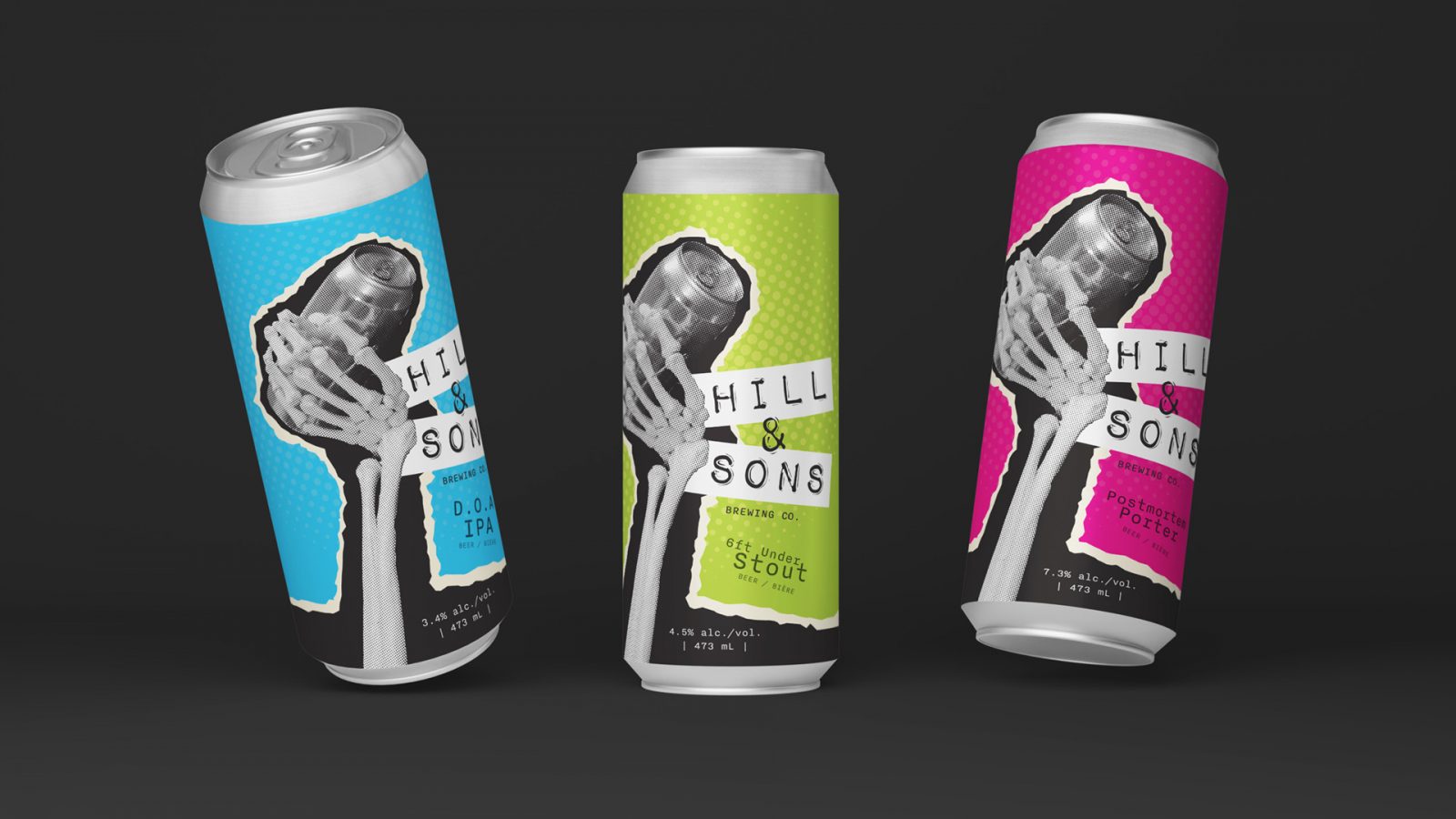 Three cans of Hill & Sons craft beer in electric pink, blue and green. The cans feature a skeleton grabbing a can of beer with a grungy look.