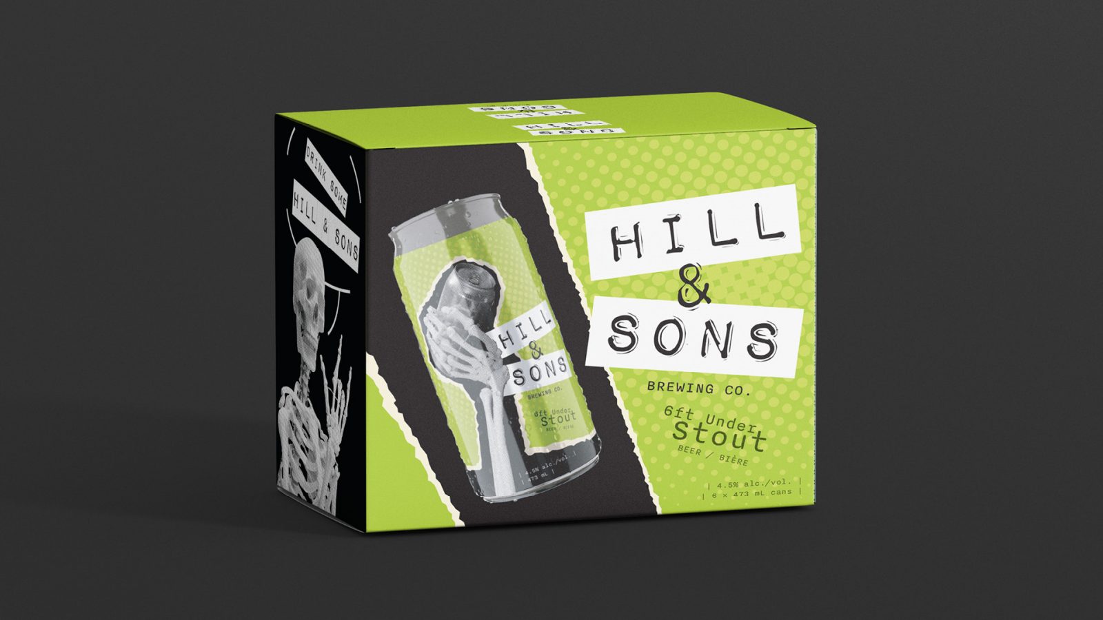 A box of Hill & Sons craft beer. The box is electric green and features an image of a skeleton saying, “Drink some Hill & Sons.” The box has a grungy look with the torn paper effect it features