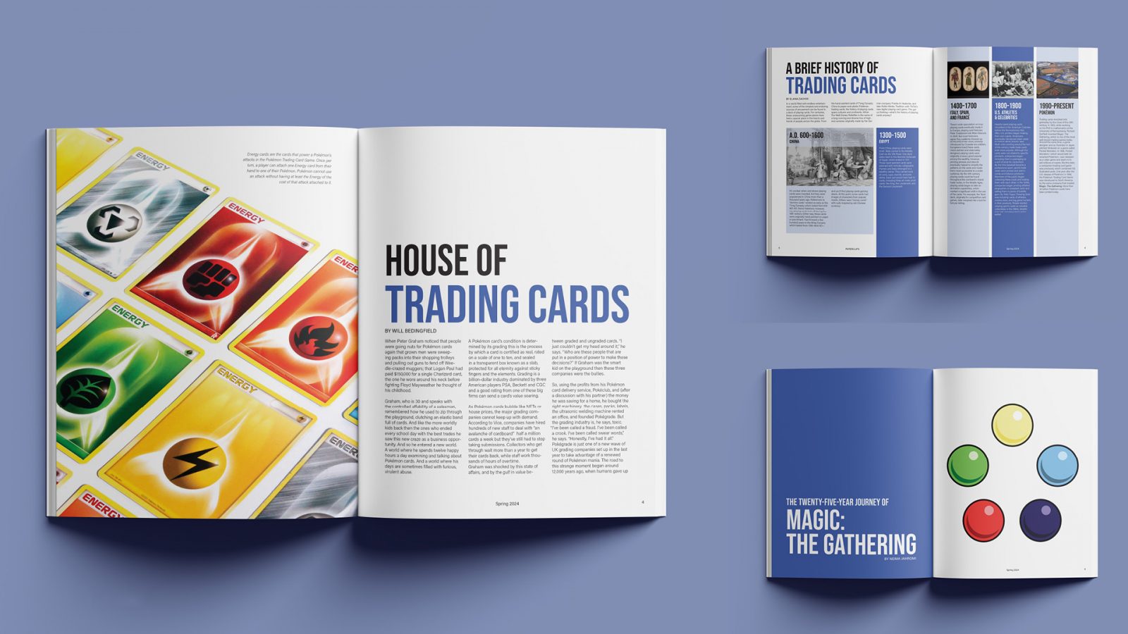 Three featured articles from Paperclips magazine. The articles feature bright and attention-grabbing photography by making the images black and white with certain pops of colour on the Trading Cards.