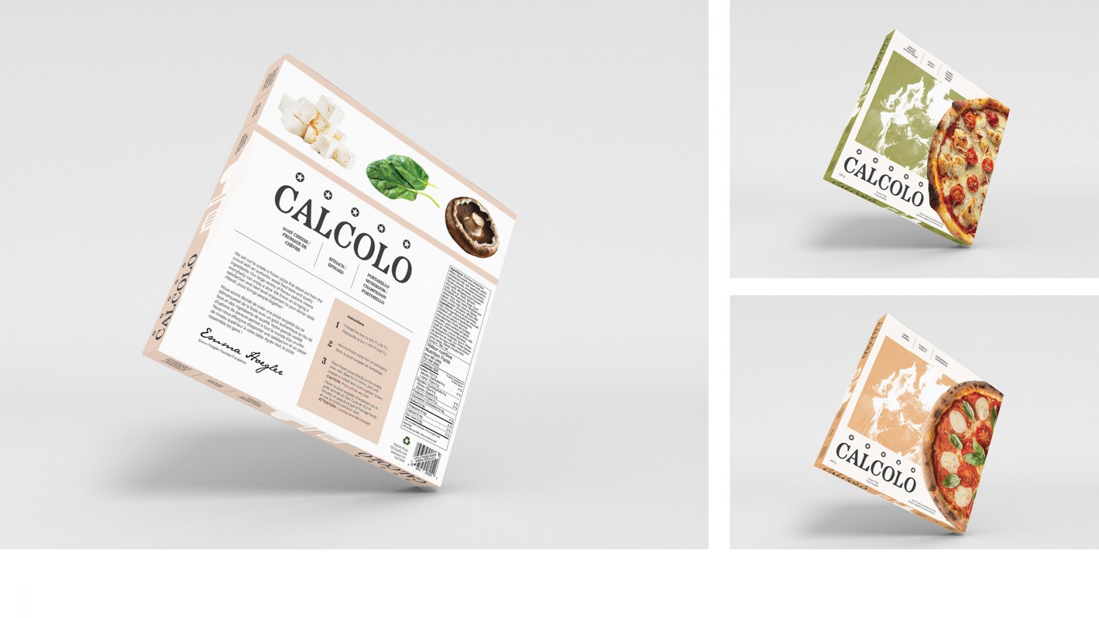 Back of the box of Calcolo pizza and two other Calcolo flavour options. The designs look unified and high quality.