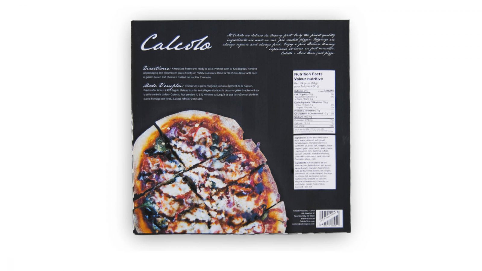 The back of the Calcolo pizza packaging includes nutrition facts, instructions, and the brand story. These text elements are deliberately placed and formatted to ensure ease for consumers during the cooking process.