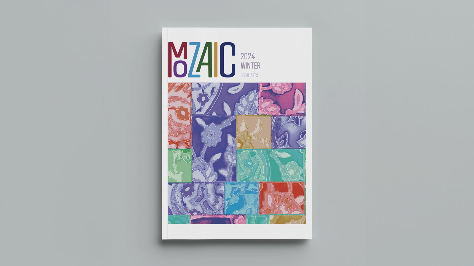 Multicolour cover page for the magazine mozaic on a grey background