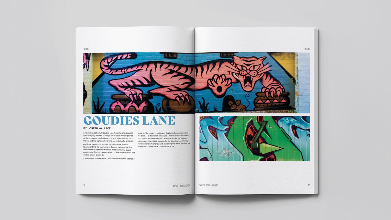 Magazine article spread of art murals in Kitchener. Titled “Goudies Lane”.