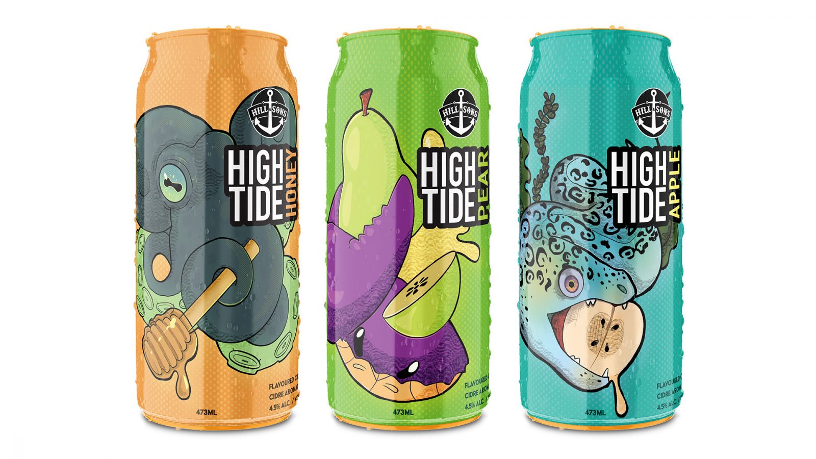 3 colourful cider cans with illustrated graphics. The brand for the cider is called Hill & Sons.