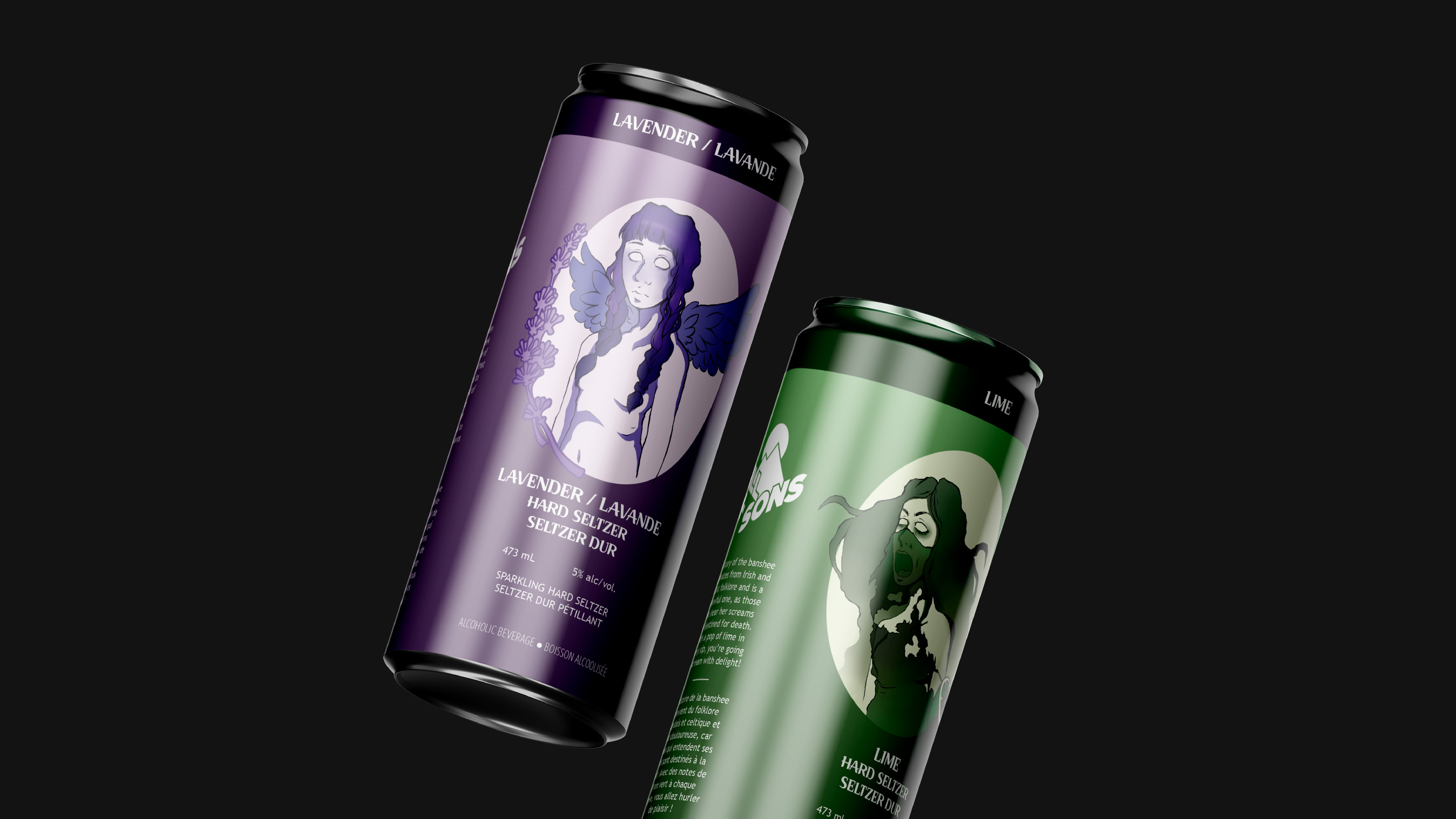 Hill & Sons is a beer company which focused on a series of dangerous women from folklore; lavender siren on the left and lime banshee on the right.