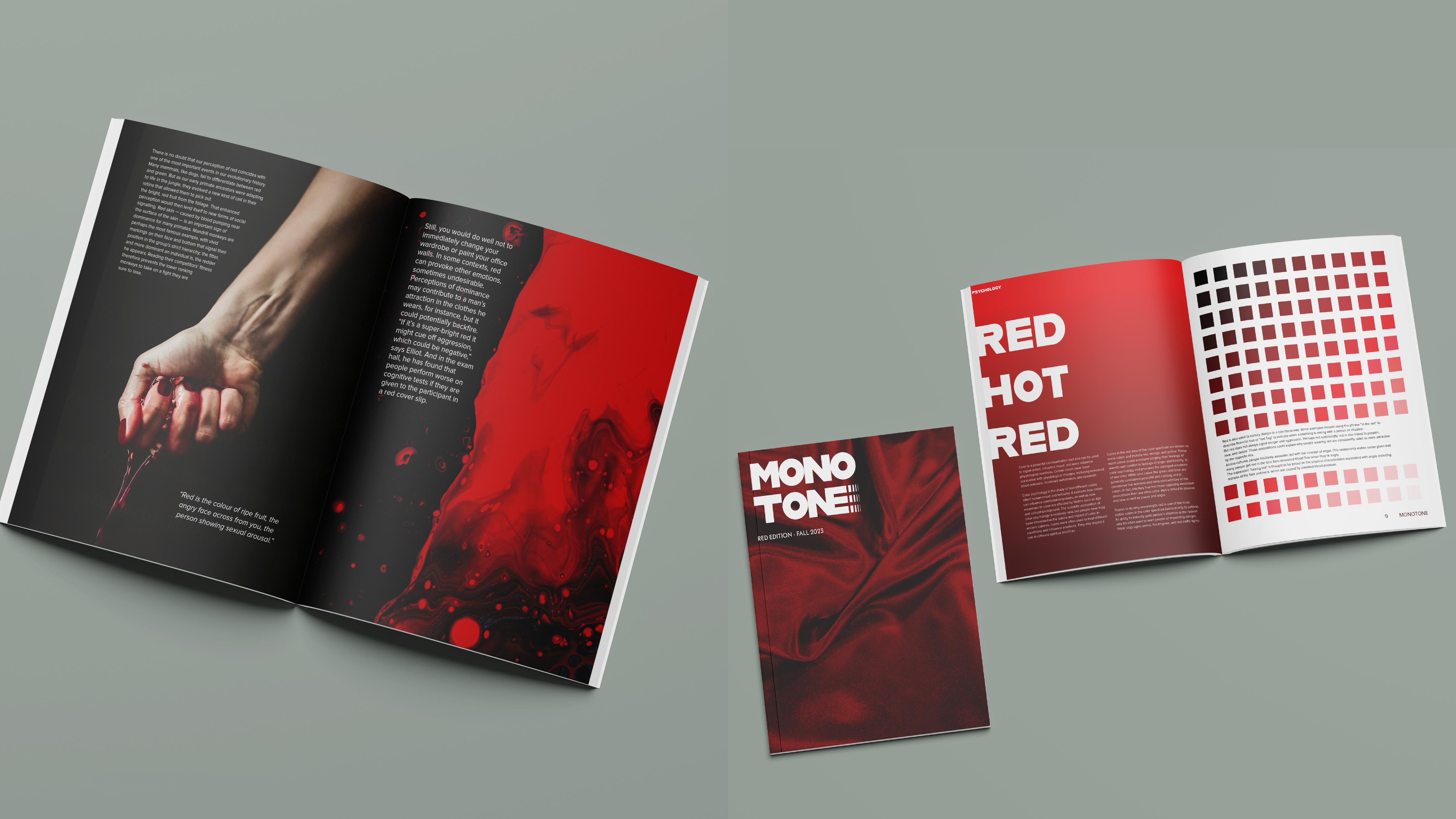 MONOTONE is a quarterly released magazine brand that focuses on a specific colour per issue. Featured are two open spreads from the magazine as well as the magazine cover.