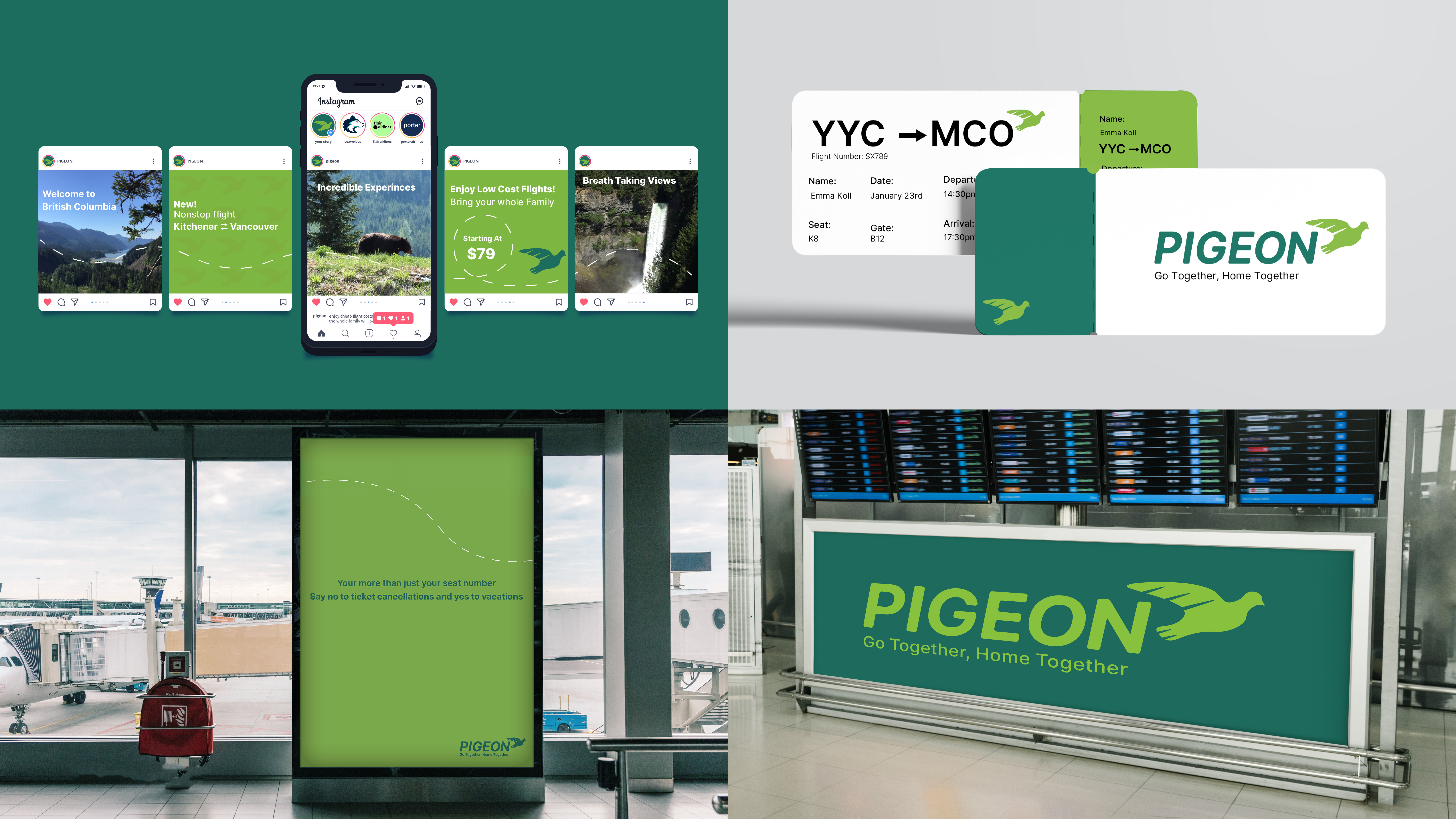 An approachable brand that emphasizes its role as a companion in passengers' journeys. Using a combination of Dark teal and Lime green to blend the goal of the airline together, As seen in a few examples of the branding,