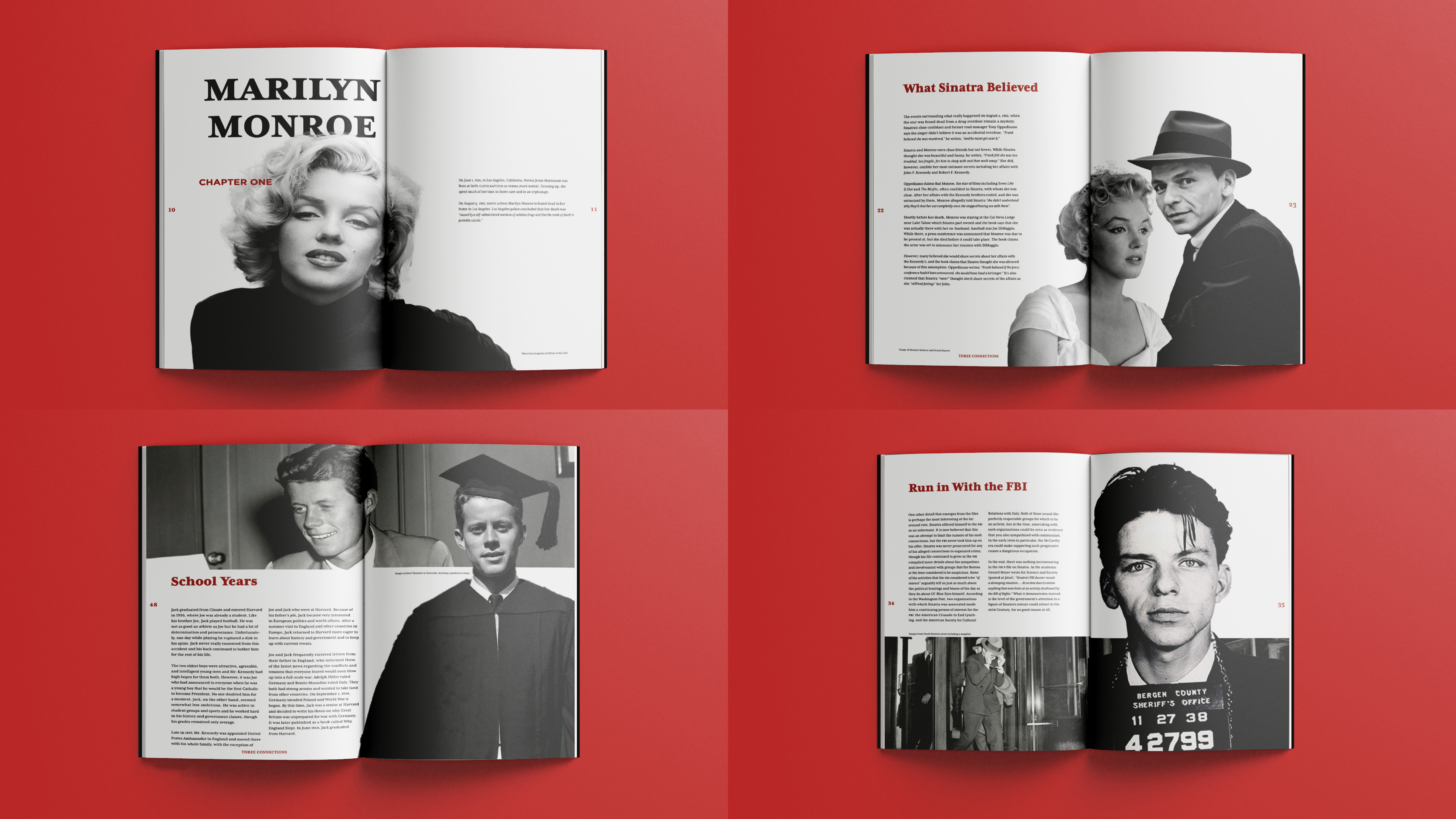 The book's style combines the look and feel of the1960s and modern-day aesthetics. An inside look of the overall design of the spreads using red to add emphasis to the stories.