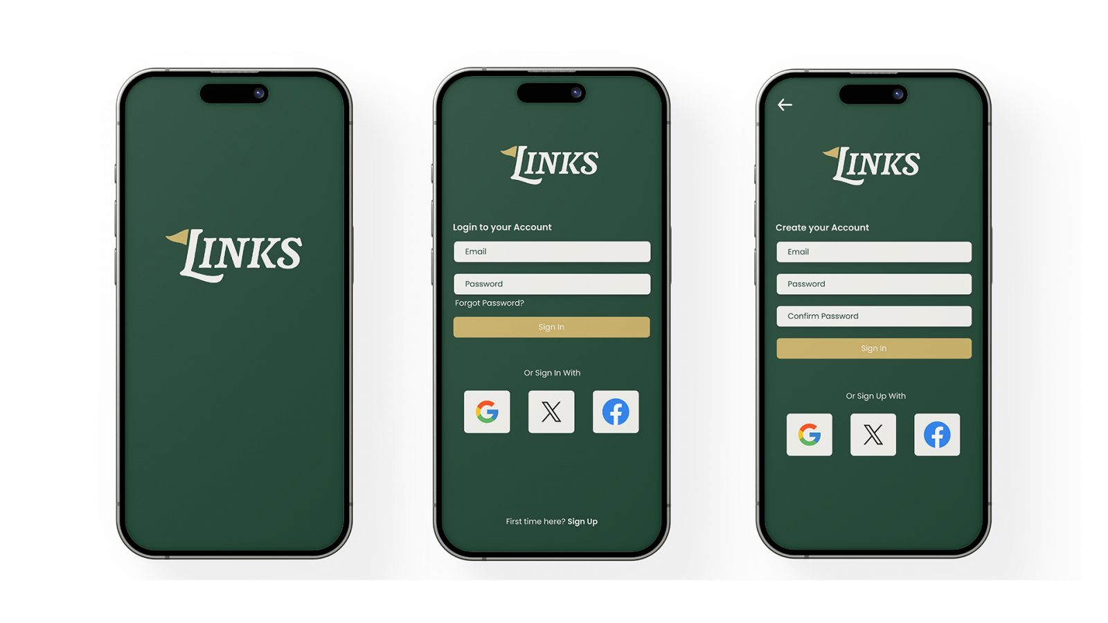 Links is a social app for golfers to find ideal playing partners based on skill, location and on-course habits. The green and golf colour scheme, along with the identity, brings back the feeling of an old-style country club.