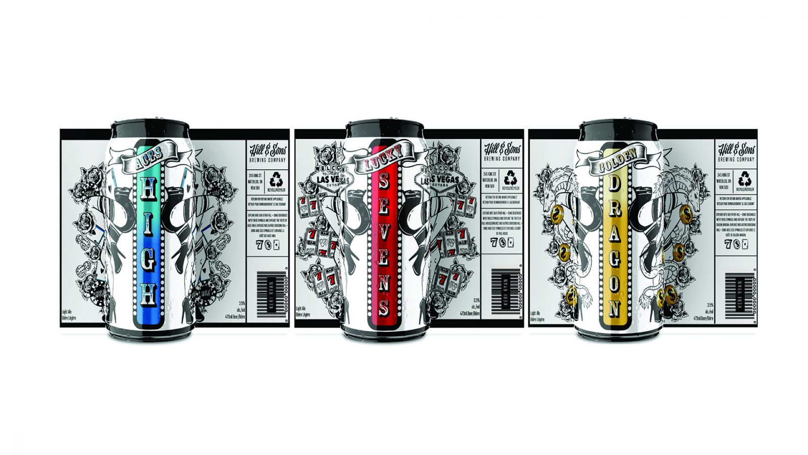 Hill and Sons is a brewing company that offers crafts beers with a kick! Lucky Sevens, Aces High and Golden Dragon are 3 of the featured drinks and have a heavy illustrated focus design showcasing a casino theme to them.