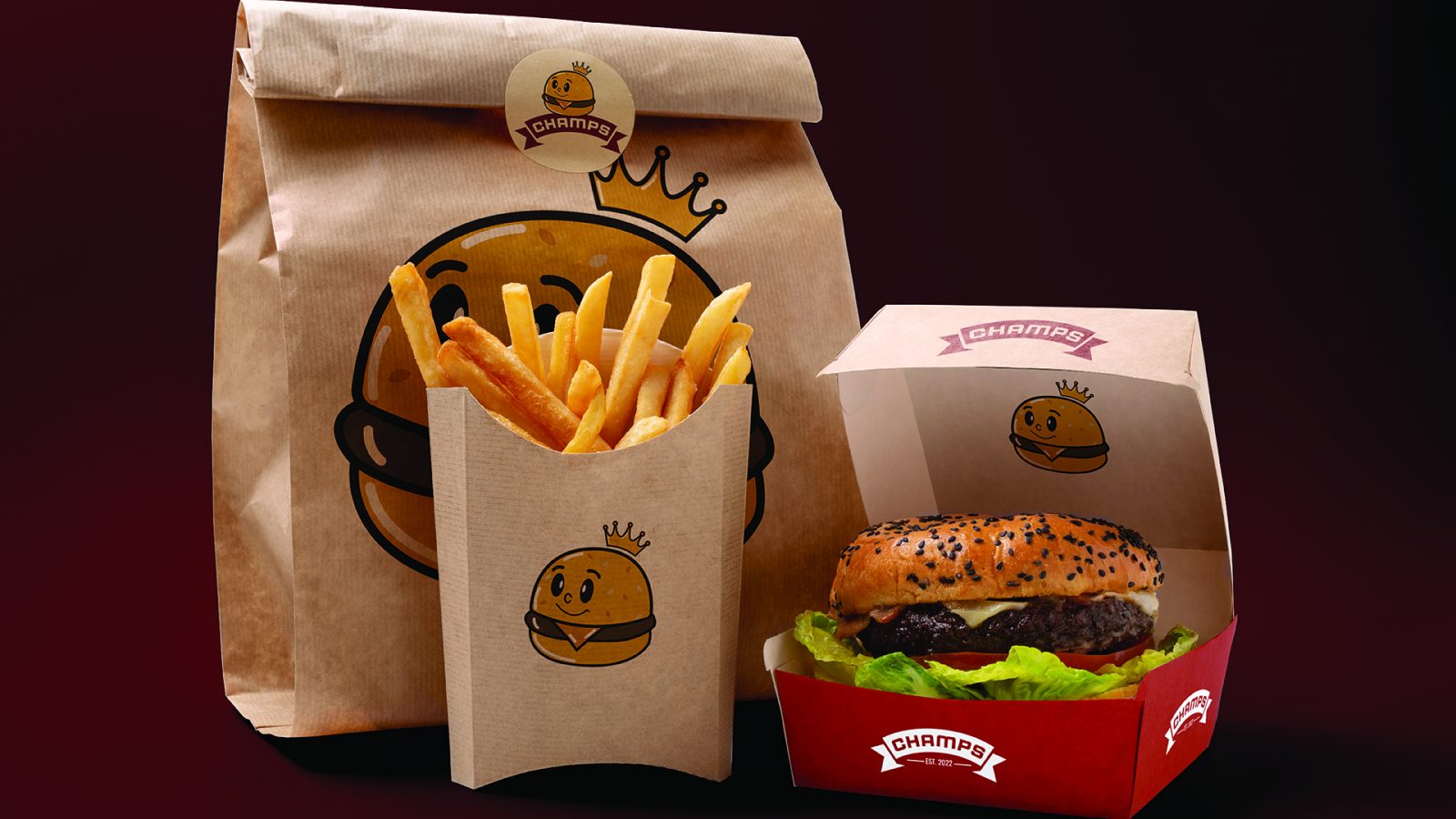 Champs is a retro-style, family-run burger joint. Serving delicious cheeseburgers, crispy fries, classic shakes, handcrafted beers and freshly baked sweets. Champs playful mascot, a friendly hamburger with a crown really highlights the brand and gives the feeling of being a champion.