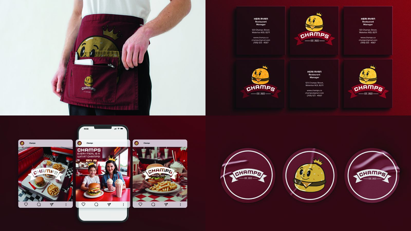 Highlights of Champs features a server's apron with the champ's mascot being the focus on it. As well having business cards, social media posts highlighting the food and a family enjoying the food there with them wearing the champs crown and stickers.