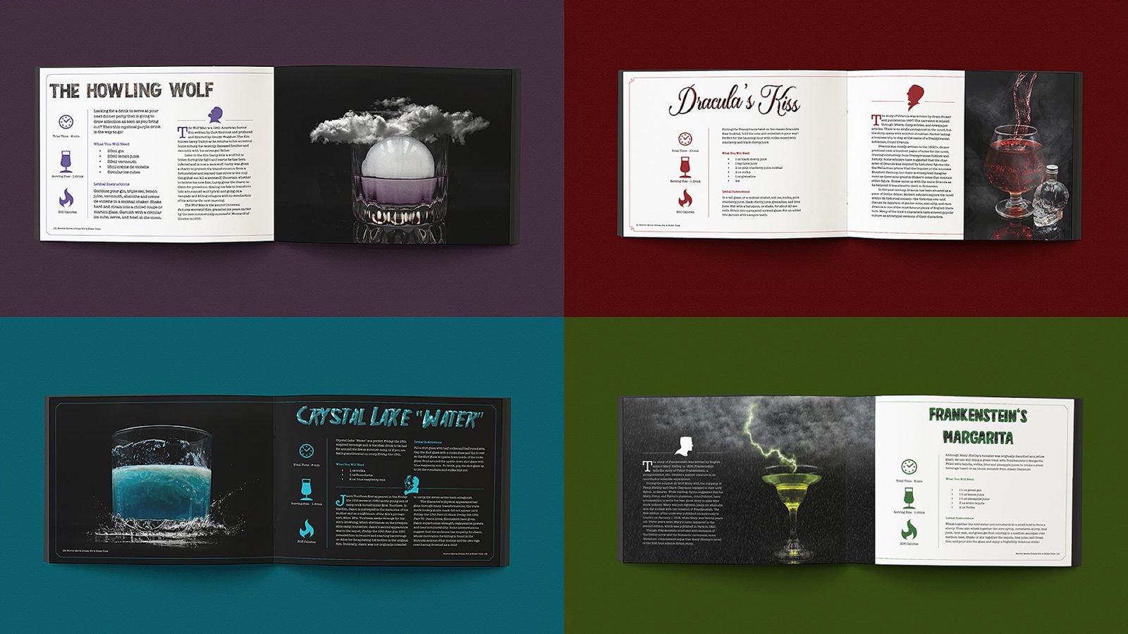 Showcasing multiple spreads within the recipe book where photographs of alcoholic beverages have been manipulated to convey the monster the drink has been paired with.