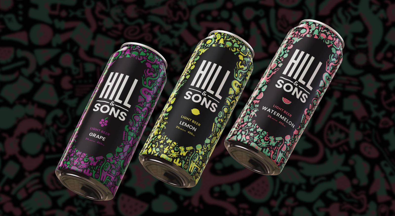 Three cans of beer from Hill & Sons Brewing Co. featuring watermelon, lemon, and grape flavours. The can’s package consists of a collage many tiny simple doodles all around the can, with a sharp, logo and typography in the middle