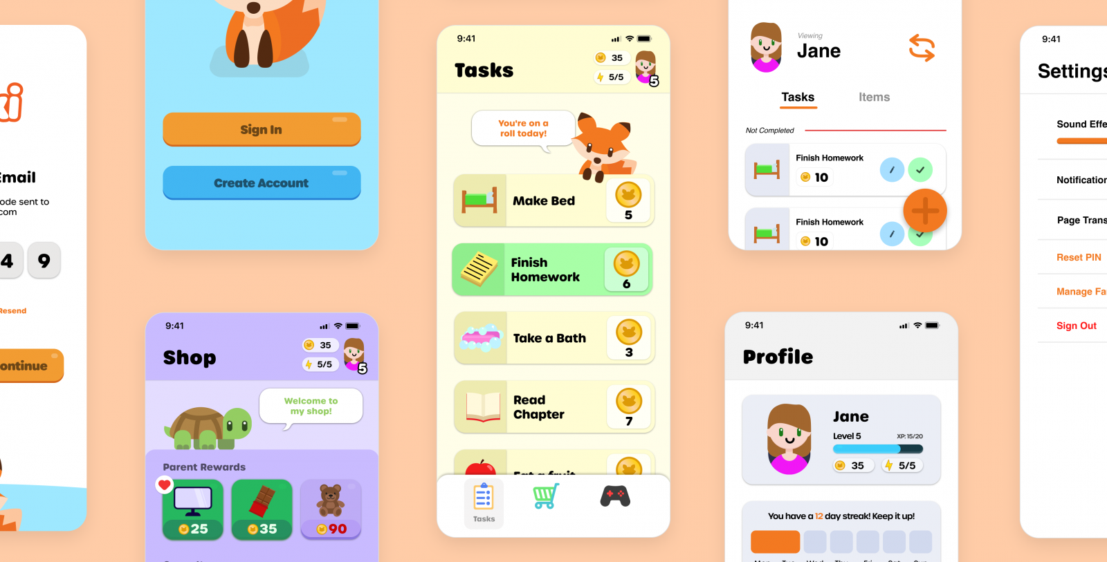 Screenshots from the app Taski, an app for parents to help encourage their young children to complete their chores.