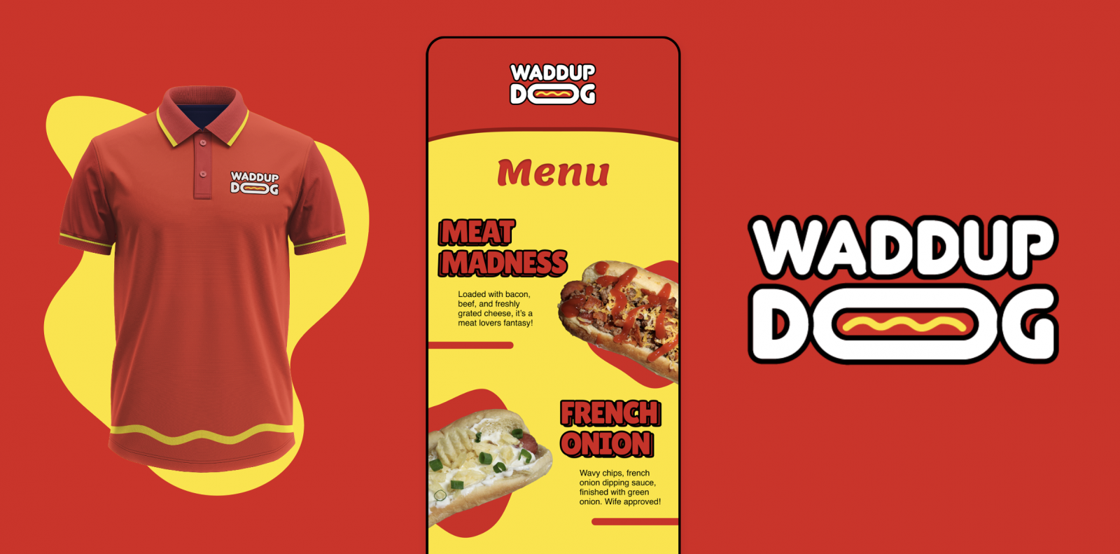 Waddup Dog is a chain of fast-food hotdog chain. Waddup Dog is a bold and exciting brand. Shown is a uniform, mobile website, and the logo.